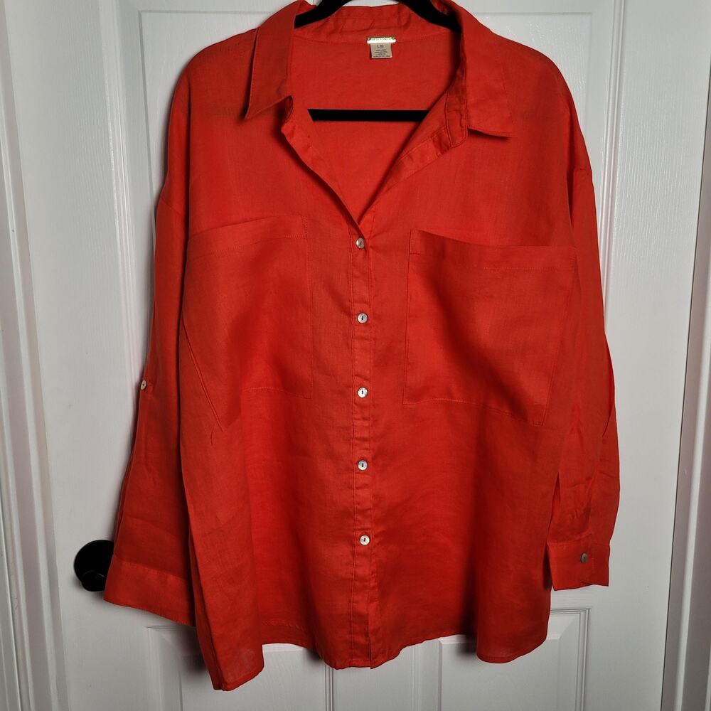 Magaschoni Shirt Top Womens Large Orange Linen Button Up Roll Tab Oversized - Picture 2 of 10